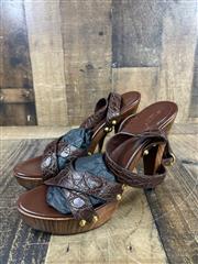 Gucci Crocodile Brown Leather Straps Wooden Sandal Size 11